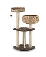 Gymax 41'' Hand-Made Cat Tree Tower Natural Bowl Shaped w/ 2 Perch