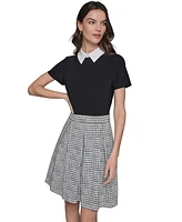 Karl Lagerfeld Paris Women's Collared Mixed-Media A-Line Dress