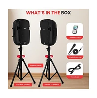 Pyle 10" Active + Passive Pa Speaker System Kit with Bluetooth, Usb/Sd/MP3 Playback, Includes (2) Speaker Stands, Wired Microphone & Remote Control