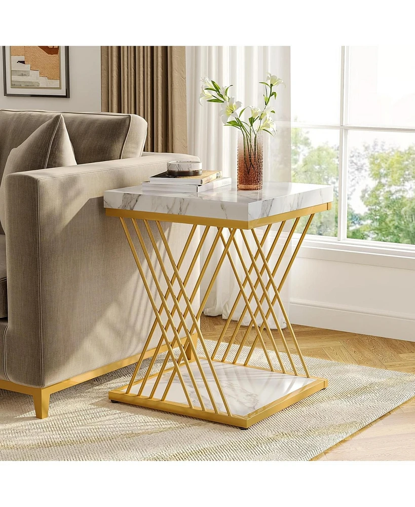 Tribesigns Square End Table White Gold 2-Tier Side Table Modern Small Bedside Table with Storage for Couch, Sofa Side Table with Stylish Metal Frame f