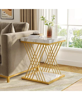 Tribesigns Square End Table White Gold 2-Tier Side Table Modern Small Bedside Table with Storage for Couch, Sofa Side Table with Stylish Metal Frame f