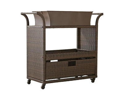 Slickblue Outdoor Sturdy Resin Wicker Serving Bar Cart with Tray