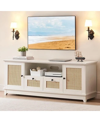 gaomon Rattan Tv Stand, Modern Entertainment Center for 65/70 Inch Tv, White Media Center with 2 Drawers and 2 Cabinets with Adjustable Shelf, Tv Medi