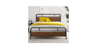 Slickblue Industrial Metal and Wood Platform Bed Frame with Headboard and Footboard for Modern Bedrooms