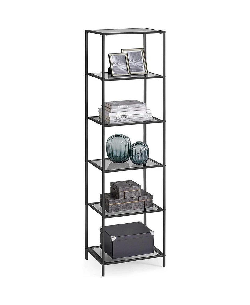 Slickblue Narrow Glass Shelves Bookcase 5-Shelf Shelving Unit with Metal Frame