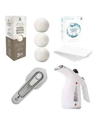 Pursonic Travel Laundry Essentials Set: Garment Steamer, Mini Iron, Eco-Friendly Laundry Sheets, and Wool Dryer Balls