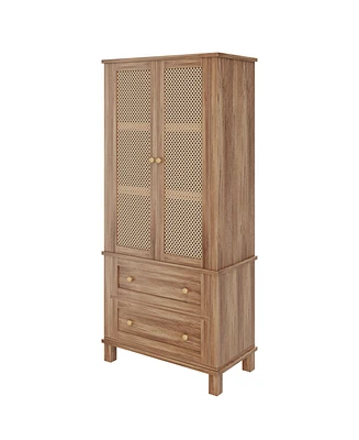 gaomon Kitchen Pantry Storage Cabinet,64.1Inch Tall Storage Cabinet with Rattan Doors and 2 Drawers, Pantry Cabinet with Adjustable Shelf, Utility Pan