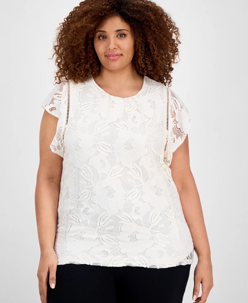 Anne Klein Plus Flutter-Sleeve Lace Overlay Blouse
