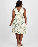 Anne Klein Plus Floral-Print Linen-Blend Fit & Flare Dress