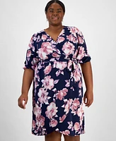 Connected Plus Size Printed Blouson-Sleeve Faux-Wrap Midi Dress