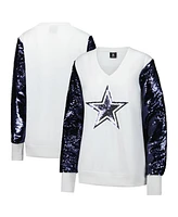 Cuce Women's White Dallas Cowboys Sequin Sleeve V-Neck Pullover Sweatshirt