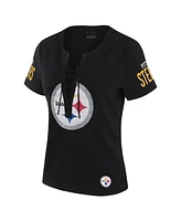 Wear by Erin Andrews x Gracie Hunt Women's Black Pittsburgh Steelers Draft Me Lace-Up T-Shirt