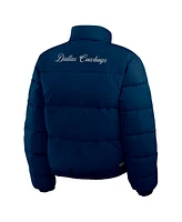 Wear by Erin Andrews Women's Navy/White Dallas Cowboys Reversible Cropped Full-Zip Puffer Jacket