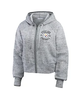 Wear by Erin Andrews Women's Heather Gray Pittsburgh Steelers Speckled Fleece Cropped Full-Zip Hoodie