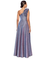 Xscape Petite One-Shoulder Ruffled Glitter Gown