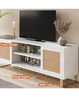 gaomon Mid Century Modern Tv Stand for 65 inch, White and Gold Tv Stand for Living Room, Rattan Entertainment Center with Storage, Media Console with