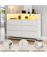 gaomon 6 Drawer Dressers with Led Light Chests with 4 Outlets & 2 Usb Ports Modern Dresser with Open Shelf Storage Dresser for Bedroom