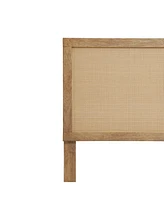 LuxenHome Natural Finish Rubberwood with Rattan Panel Headboard