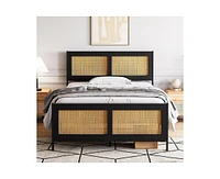 gaomon Full Size Bed Frame with Rattan Headboard and Footboard, Black Rattan Platform Bed Frame Full Size, Noise-Free, Mattress Foundation