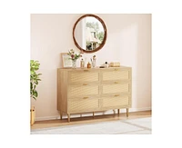 gaomon Rattan 6 Drawer Dresser, Farmhouse Wooden Chest of Drawers with 5 Metal Legs, Golden Handles, Wide Double Drawer Dresser for Bedroom