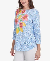 Ruby Rd. Petite Medallion Bold Floral Three Quarter Sleeve T-Shirt