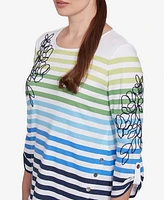 Ruby Rd. Petite Striped Embellished Three Quarter Sleeve Top