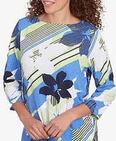 Ruby Rd. Petite Diagonal Striped Floral Three Quarter Sleeve Top