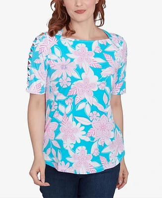 Ruby Rd. Petite Floral Oasis Ladder Sleeve T-Shirt