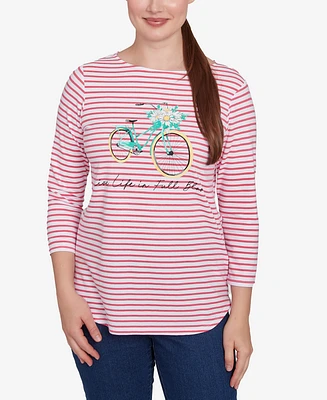 Ruby Rd. Petite Bicycle Bloom Striped Three Quarter Sleeve T-Shirt