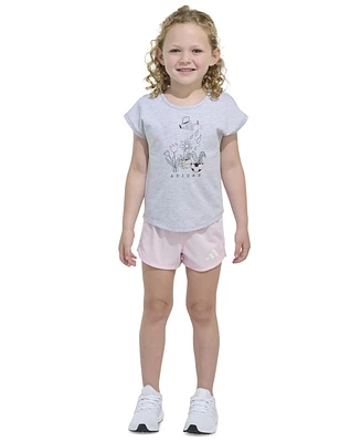 adidas Toddler & Little Girls Short-Sleeve Graphic Heather T-Shirt Mesh Shorts, 2 Piece Set