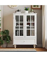 Boyel Living Minimalist White Buffet Cabinet with Double Glass Doors and Drawer, Modern Wooden Storage Sideboard Cupboard for Living room, Dining Room