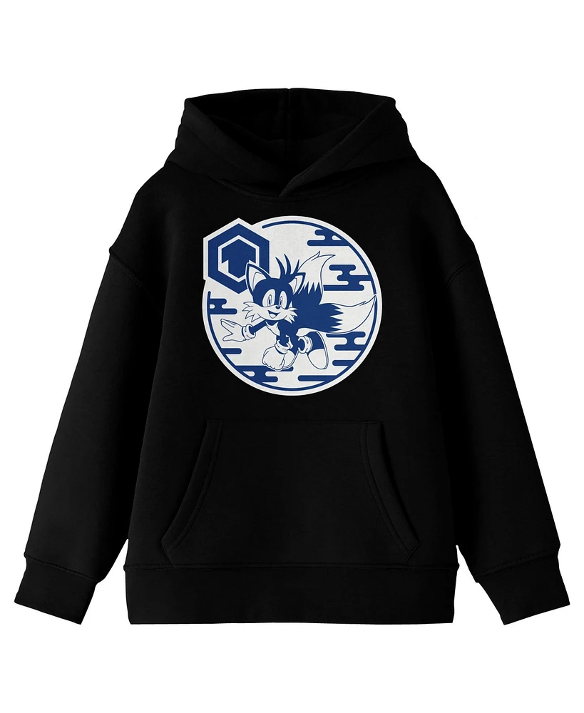 Sonic The Hedgehog Modern Boys Tails Hexagon Graphic Long Sleeve Youth Black Hooded Sweatshirt-Large