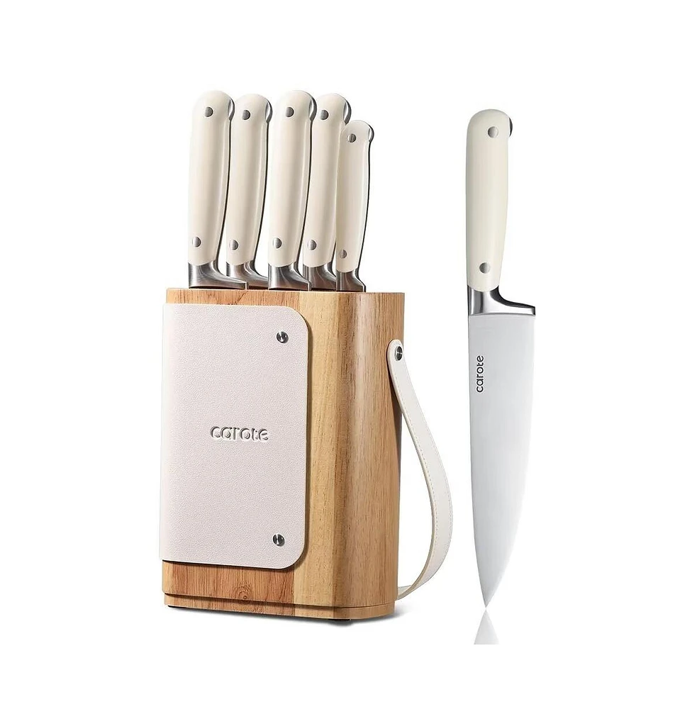 Carote Knife Set for Kitchen with Block 6PCS, Stainless Steel Blade for Precise Cutting, Razor-Sharp,Essential Knife Set,White