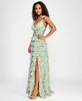 B Darlin Juniors' Floral Ruffle-Tiered Tie-Shoulder Gown