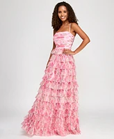 B Darlin Juniors' Floral Ruffle-Tiered Straight-Neck Gown, Created for Macy's