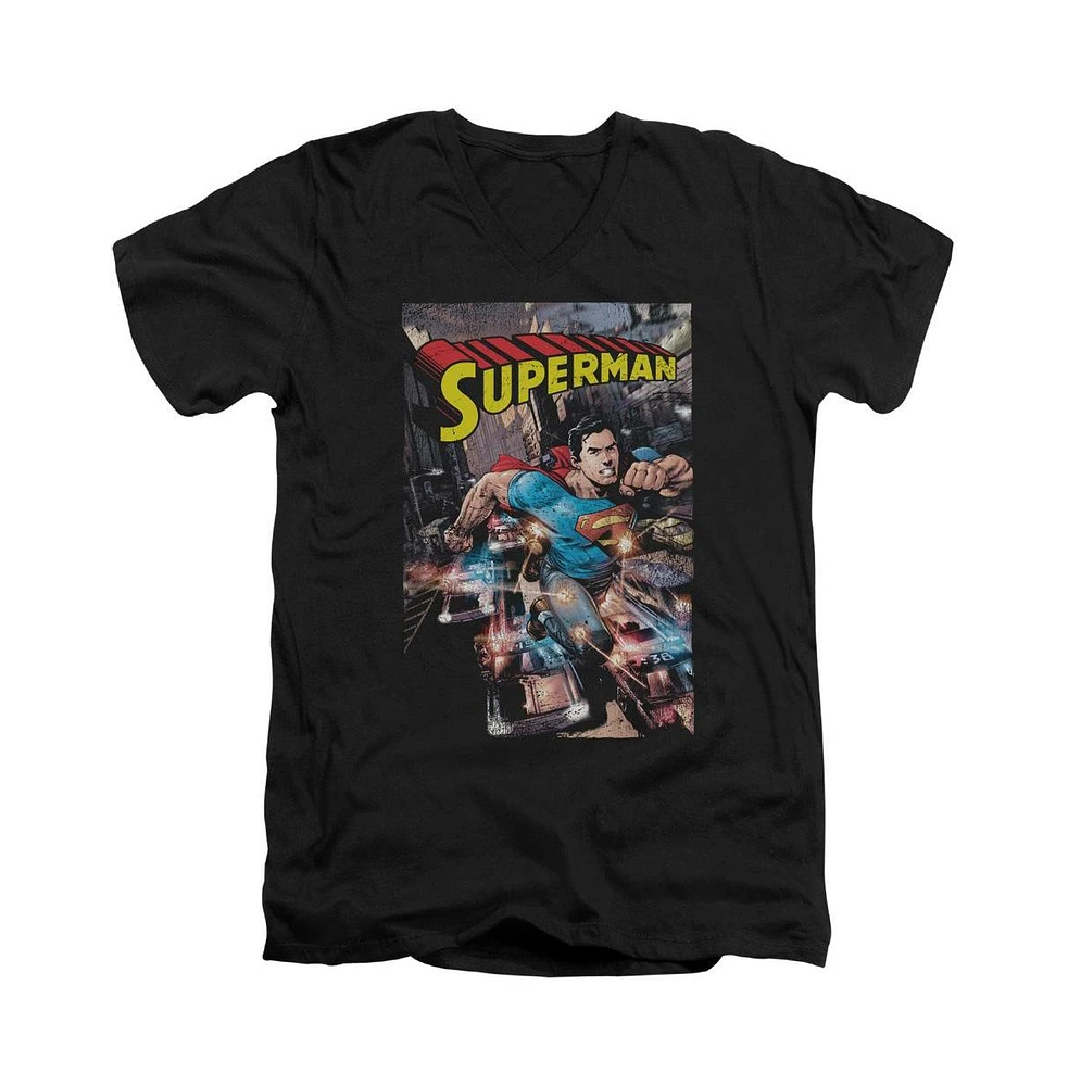 Superman Men's Action One Short Sleeve Adult V Neck Premium Cotton Tee / T-Shirt