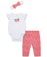 Little Me Baby Girls Cotton Strawberry Bodysuit, Leggings & Headband, 3 Piece Set