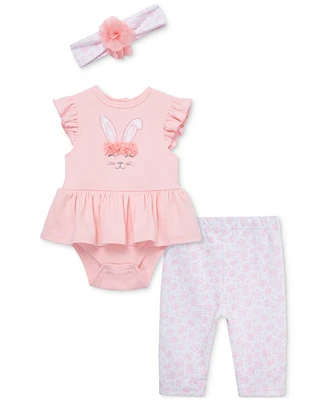 Little Me Baby Girls Cotton Bunny Skirted Bodysuit, Leggings & Headband, 3 Piece Set