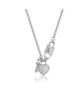 Genevive Sterling Silver White Gold Plated with Clear Cubic Zirconia Heart & Padlock Charm Necklace