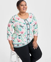 Jm Collection Plus Jacquard Floral-Print 3/4-Sleeve Top, Exclusively at Macy's