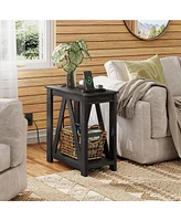 Wlive Narrow End Table with Charging Station of Open Storage Shelf，Sofa Side Table with 2 Usb Ports and 2 Power Outlets，Slim Farmhouse E