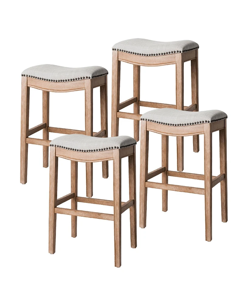 Maven Lane Adrien Saddle Bar Stool in Weathered Oak Finish w/ Sand Color Fabric Upholstery, Set of 4