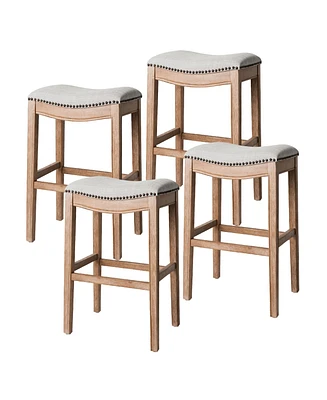 Maven Lane Adrien Saddle Bar Stool in Weathered Oak Finish w/ Sand Color Fabric Upholstery, Set of 4