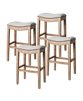 Maven Lane Adrien Saddle Bar Stool in Weathered Oak Finish w/ Sand Color Fabric Upholstery, Set of 4