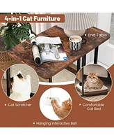 Gymax Cat Tree & C- Shaped Cat Side Table w/ Scratching Board Hanging Toy Rustic