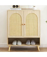 gaomon Rattan Shoe Storage Cabinet with 4 Flip Drawers, Narrow Shoe Rack Cabinet, Freestanding Wooden Shoe Organizer Cabinet for Entryway, Hallway