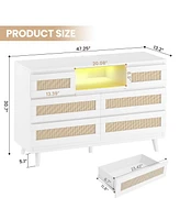 gaomon Modern 6-Drawer Natural Rattan Dresser with Rgb Led Lights & Charging Station