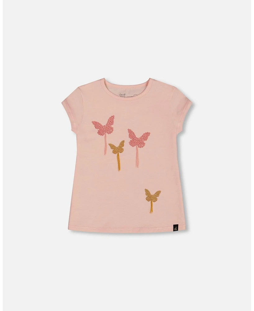 Deux par Big Girls Organic Cotton Top With Applique Pink Sparkling Butterfly