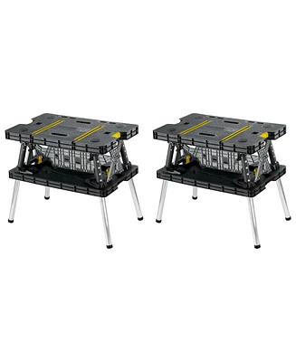 Keter Folding Portable Workbench Sawhorse w/12 In Clamps, Black/Yellow (2 Pack)