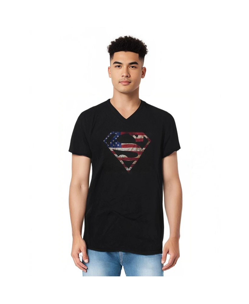 Superman Men's Super Patriot Short Sleeve Adult V Neck Premium Cotton Tee / T-Shirt